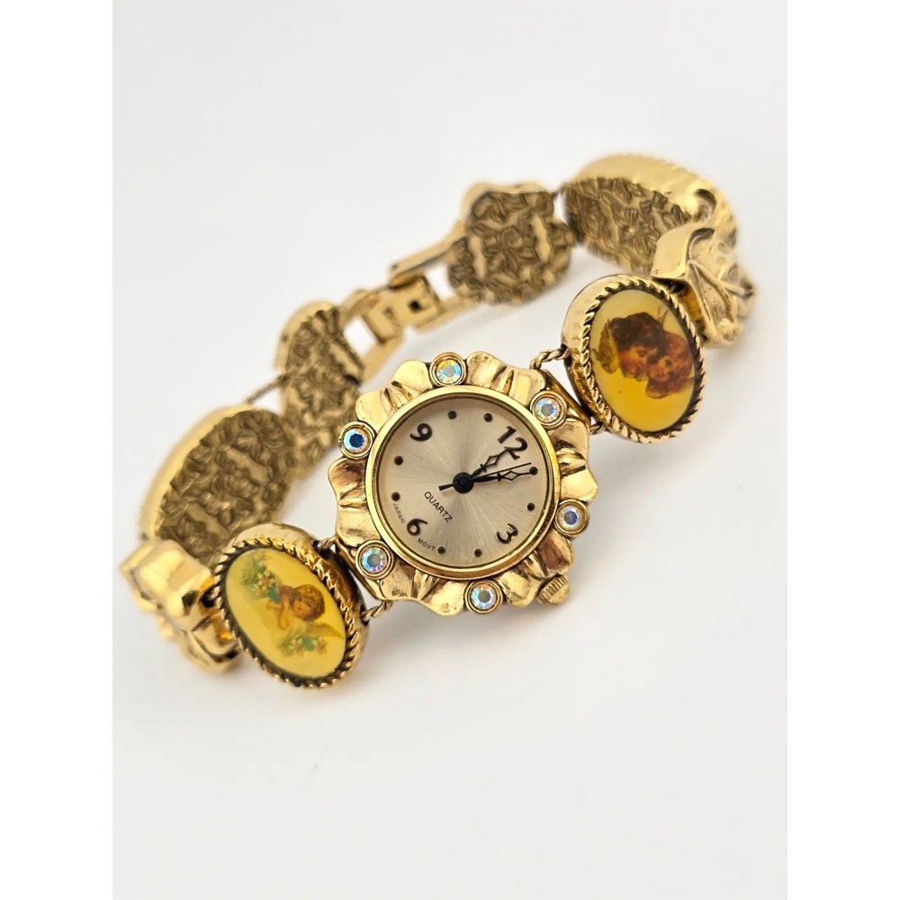 Vintage Slider Charm Working Watch - Cherub Victorian‎ Revival AB Rhinestone